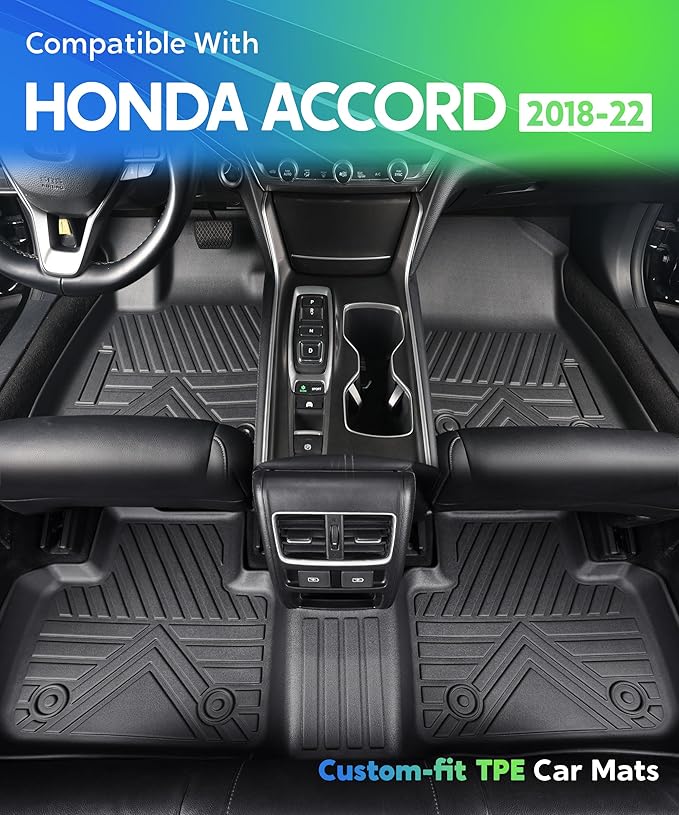 TPE All-Weather Floor Mats for Honda Accord 2018-2022 | Custom Fit Heavy Duty Truck Floor Liners | Front & Rear Row Protection | Durable, Odorless, Easy to Clean (3-Piece Set, Black)