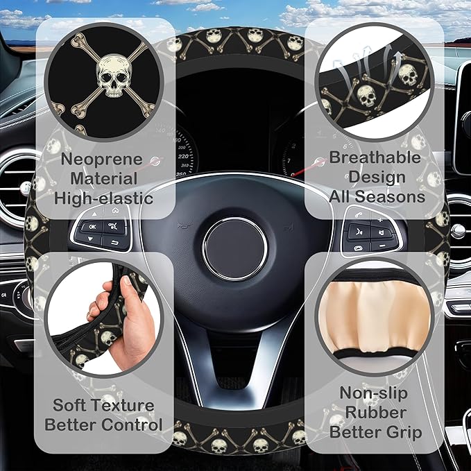 Skulls and Bones Steering Wheel Cover for Women, Anti-Slip Car Steering Wheel Cover with 2 Pcs Cup Holders Neoprene Breathable Car Accessories Universal 15 Inch Auto Interior Decor