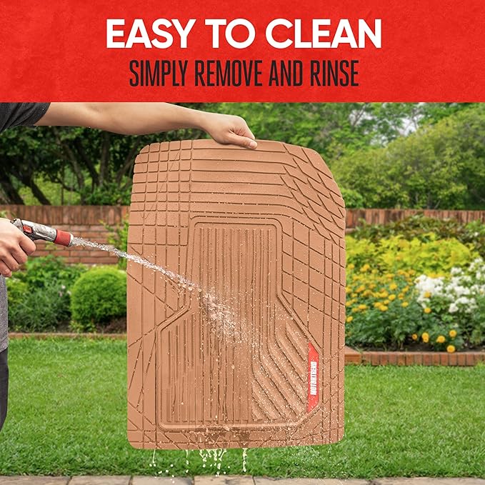 Motor Trend AdventureMax Car Floor Mats Full Set - Durable Rubber Floor Mats for Cars with Debris Capture Grooves, All Weather Interior Protection for Front and Rear with Non-Slip Backing, Beige