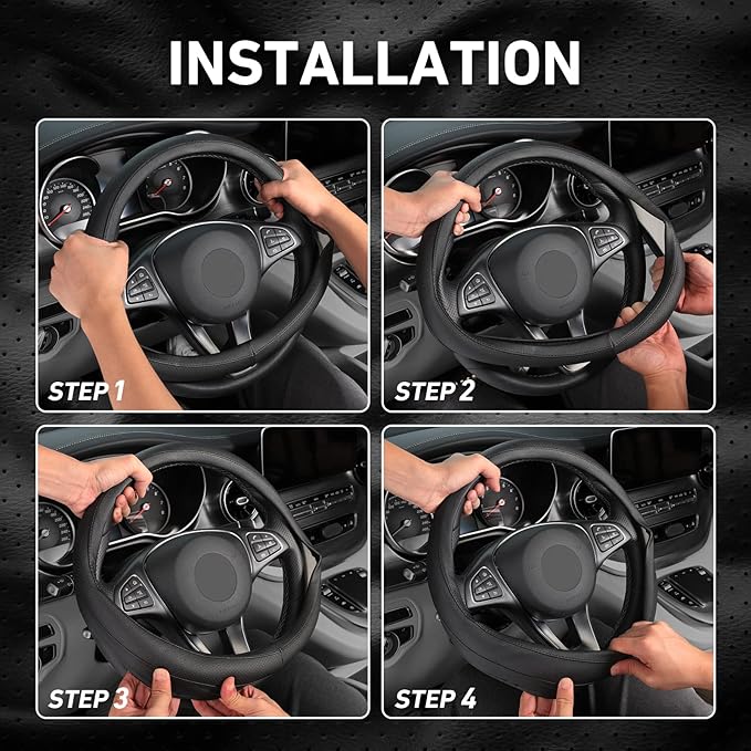 SEG Direct Black Car Steering Wheel Cover Medium Size 14.5-15 inch (37-39 cm), Breathable Microfiber Leather