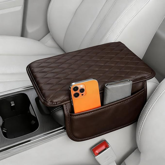 Upgraded Car Center Console Cover, Leather Armrest Cushion Pad with 2 Storage Bags, Microfiber Soft Waterproof Seat Box Cover Protector, Car Interior Decor Accessories Fit for Most Cars, Vehicles