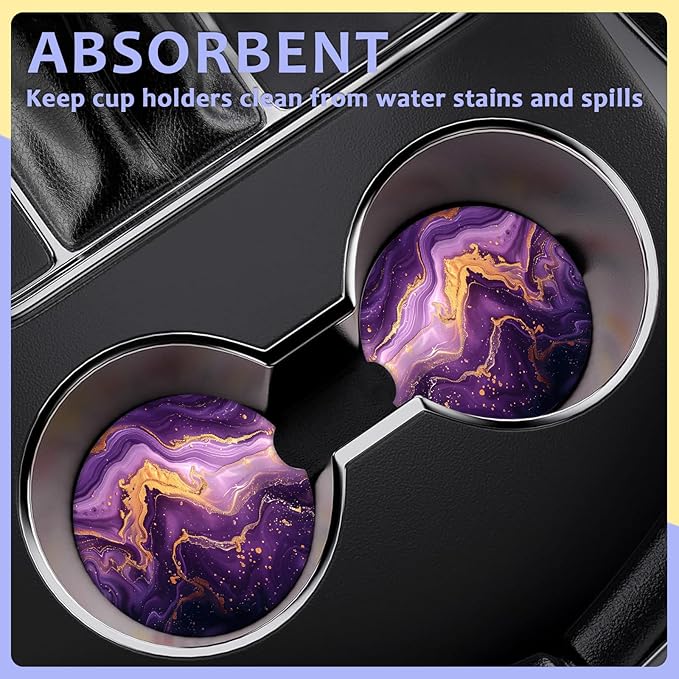 2 Pack Car Cup Holder Coaster-Purple Marble Absorbent Ceramic Coaster, Car Coasters for Cup Holders,Auto Accessories for Women & Men