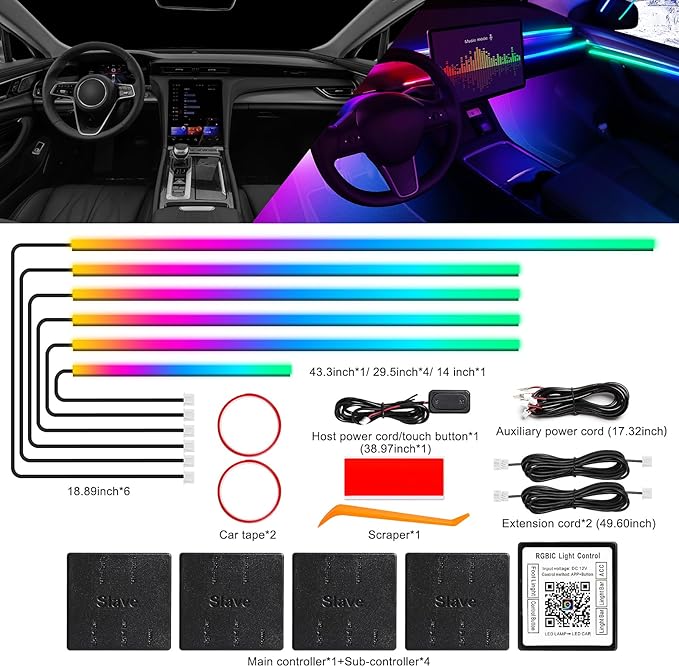 Dreamcolor Acrylic Interior Car LED Strip Light with Wireless APP, RGB 6 in 1 with 175 inches 612 LEDs Fiber Optic Car Ambient Lighting Kits, Dynamic Chasing Music Sync Neon LED Strip Lights for Car