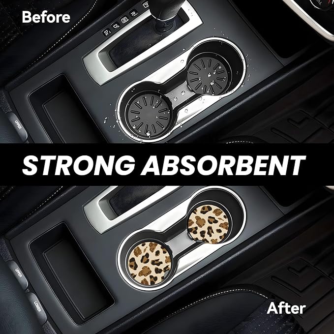 Absorbent Car Coasters for Cup Holders, 2 Pack Universal Anti Slip Ceramic Cup Coaster for Women Men 2.56 Inch Car Interior Accessories - Brown Gold Leopard 006