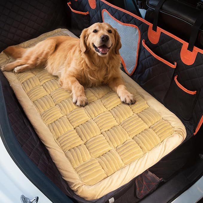 Soulbond Backseat Pet Bed Mat,Dog Bed for Car,Fuzzy Dog Seat Cover for Car Back Seat, Non-Slip Travel Pet Mat, Fit for Backseat Extenders and Seat Covers(Light Brown)