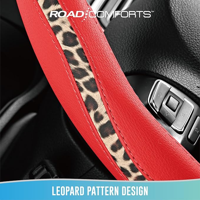 Road Comforts Steering Wheel Cover - Made with PVC Leather and Leopard Fabric - Universal 14 1/2 inches to 15 inches for Most Automotive Steering Wheel - Cheetah Print -Red
