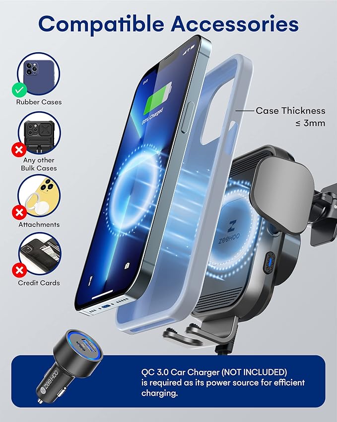ZeeHoo Wireless Car Charger, 15w Fast Charging, Auto Clamping Car Phone Mount, Cell Phone Holder Charger, for iPhone 17 16 15 14 13 12 11 Pro Max Xs, Samsung Galaxy S23+ S22, Etc.(Grey)