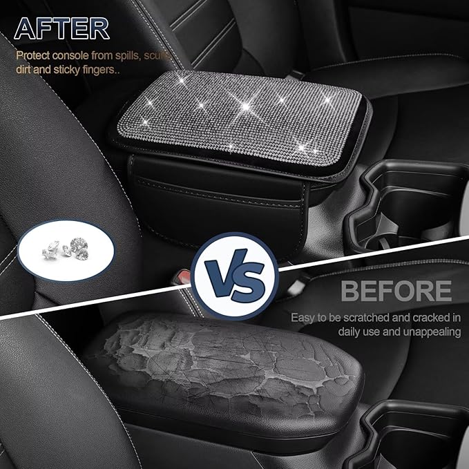 YORKNEIC Center Console Cover Fit for Ford - Middle Console Cover with 2 Storage Pocket,Faux Leather Waterproof Anti-Scratch Car Armrest Cover Protector(003Silver Diamond)