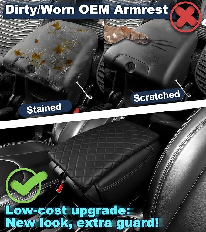 Armrest Cover for Jeep Wrangler Center Console Pad with Organizer Storage Pockets, Black Faux Leather Arm Rest Lid Protector Cushion Interior Accessories (2011-2017 Wrangler JK)