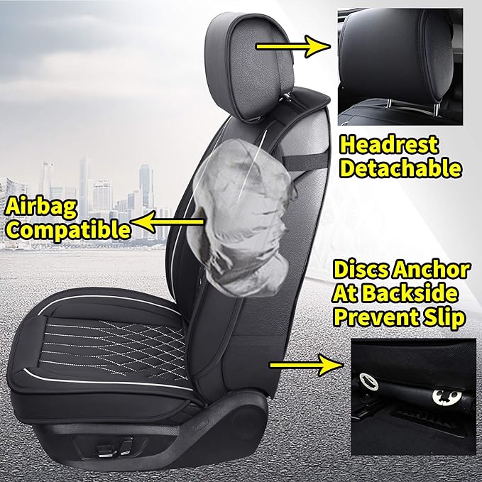 Aierxuan 5pcs Car Seat Covers Full Set with Waterproof Leather, Airbag Compatible Automotive Vehicle Cushion Cover Universal Fit for Most Cars (Black and White)