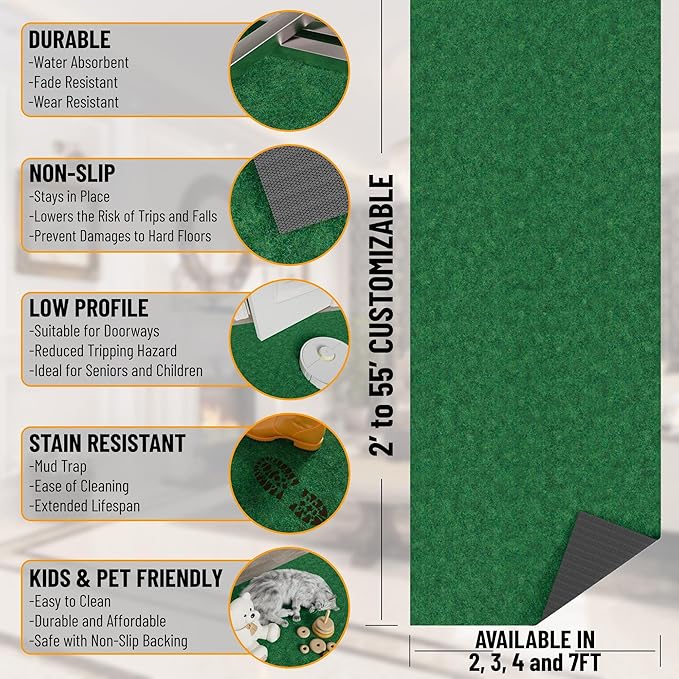 Ottomanson 6'6" x 8' Mud Mat Area Rug Scraper Carpet - Non-Slip, Dirt Trapping for Indoor & Outdoor Use - Ideal for Entryway, Garage, Kitchen, Patio & High-Traffic Areas, Green