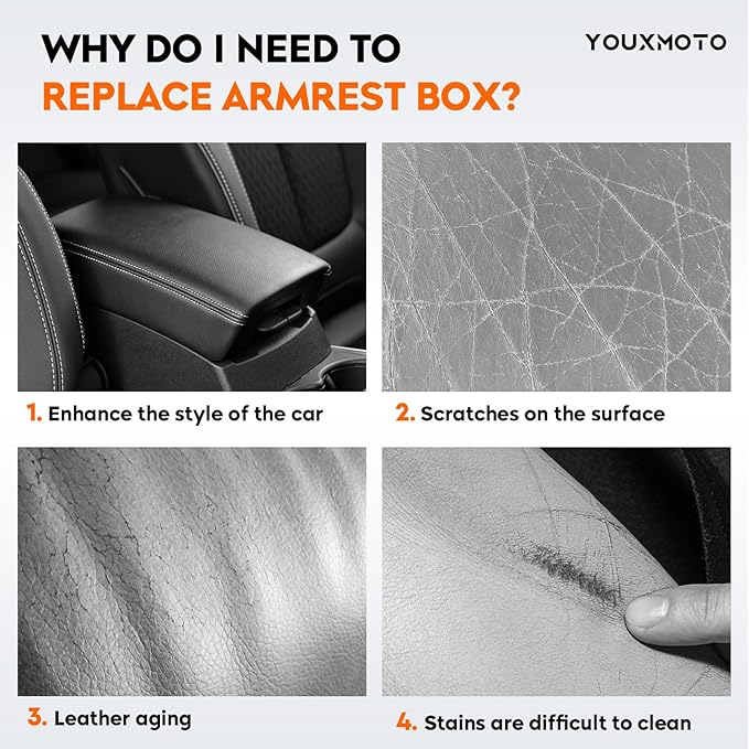 Youxmoto Center Console Lid Fit for Toyota Highlander 2008 2009 2010 2011 2012 2013 2014; Grey Armrest Cover PU Leather and ABS Back Plate