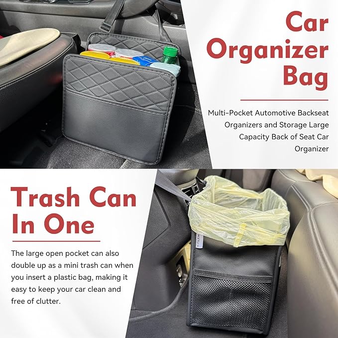 2 Pack Upgraded Car Seat Organizer Backseat with Storage Pockets, Multipurpose Car Organizer Hanging Car Trash Bag Premium PU Leather Garbage Can 2.14 Gallon Large Capacity Accessories Black