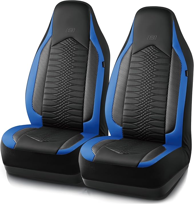 Skechers Memory Foam Car Seat Covers, Leather High Back Seat Covers Quilting Design,Waterproof Sports Car Seat Covers Front Seats,Airbag Compatible, Universal Fit for Most Cars, SUVs,Trucks,Blue