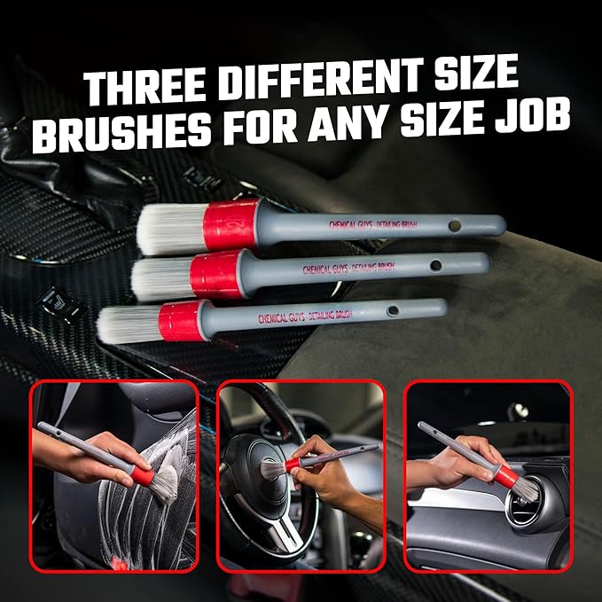 Chemical Guys All in the Details Interior Detailing Brush Set - 3-Piece Soft & Durable Car Detailing Brushes for Vents, Consoles, Buttons, Trim & Hard-to-Reach Areas in Cars, Trucks, SUVs & RVs