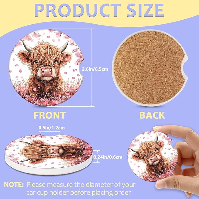 2 Pack Car Cup Holder Coaster-Highland Cow Absorbent Ceramic Coaster,Cherry Blossom Car Coasters for Cup Holders,Auto Accessories for Women & Men