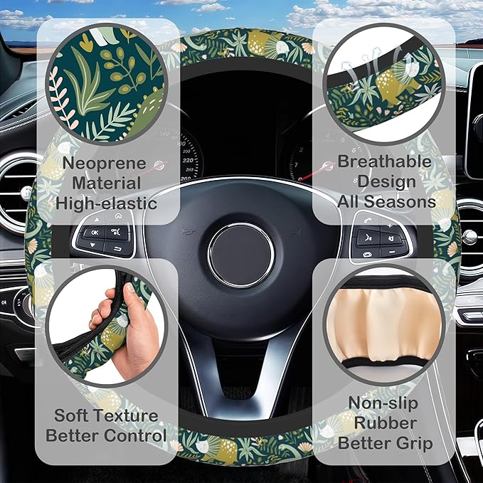 Dinosaurs and Tropical Leaves Steering Wheel Cover with 2 Pcs Car Coasters Neoprene Steering Wheel Cover for Women Men Anti-Slip Breathable Car Accessories Universal 15 Inch Fit Auto Cars Trucks
