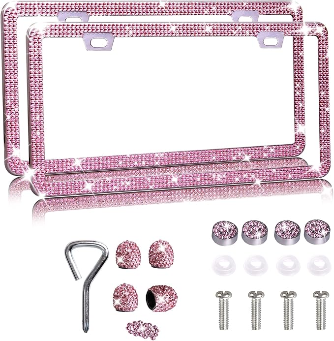 Pink License Plate Frame 2 Packs Bling License Plate Frame for Women Sparkly Diamond License Plate Frames Glitter Rhinestone License Plate Frame with Pink Tire Valve Caps with Giftbox