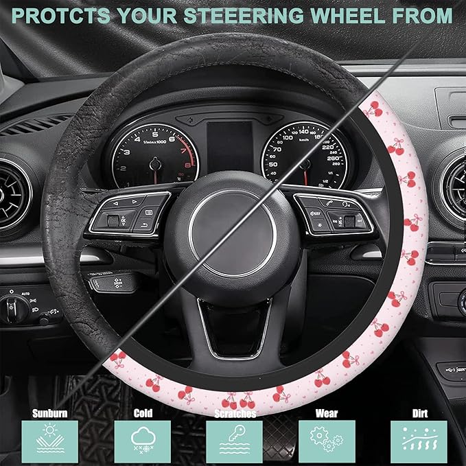 Pink Cherries and Bows Steering Wheel Cover for Women Men,Anti-Slip Breathable Car Steering Wheel Cover Elastic Protection with 2 Pieces Car Coasters,Universal 15" Fit Auto,Suvs,Truck