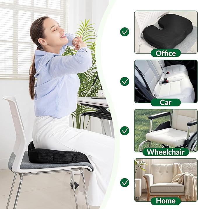 Seat Cushions for Office Chairs Car Airplane,Charcoal Memory Foam Seat Cushion,Ergonomic Tailbone Pain Relief Cushion, Sciatica & Back Support with Anti-Slip Bottom and Handle
