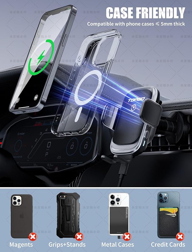 TOPGO Dashboard Wireless Car Charger, Universal Cell Phone Holder, Wireless Charger Phone Holder, 15W Fast Charging for iPhone 17 Pro Max, Samsung Galaxy - Black