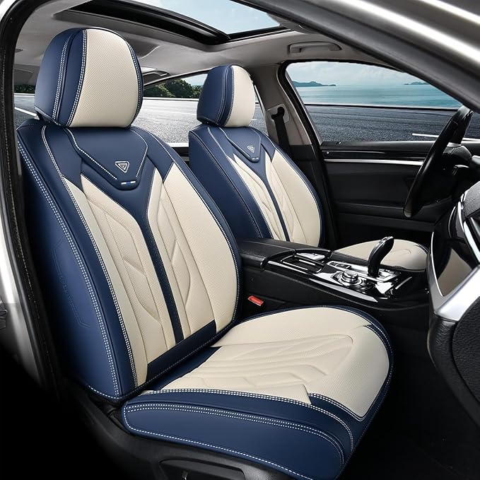 Coverado Car Seat Covers Full Set, Leather Seat Covers for Cars, Waterproof Automotive Seat Covers Car Seat Protectors Car Accessories Universal Fit for Most Sedans SUV Pick-up Truck(Blue&Beige)
