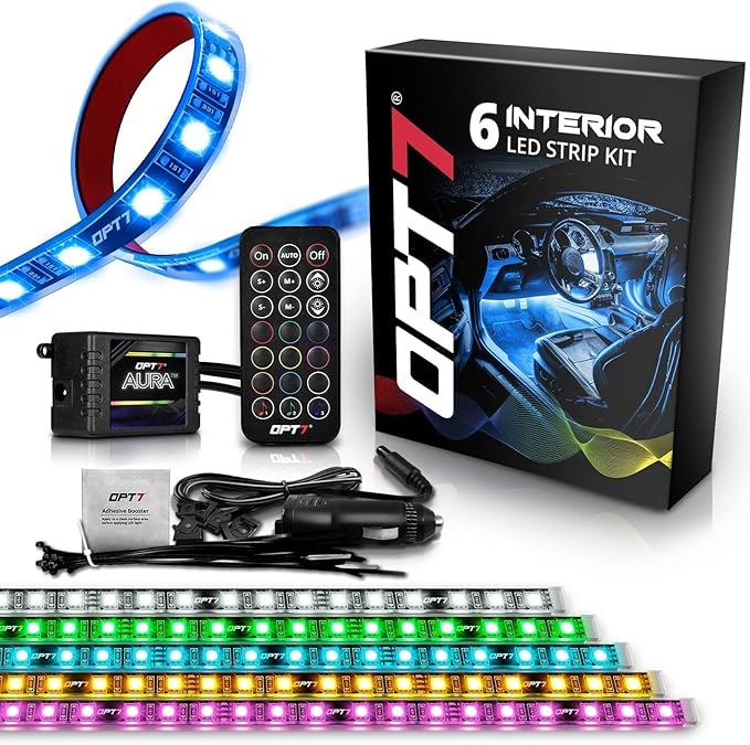 OPT7 Aura Interior Car Lights 6pc with Remote Control, Color Change, Music Sync Inside Ambient Lighting Kit, Car Truck LED Lights Under Dash Accessories, Charger Adapter 12V, 6pc Single Row LED Strip