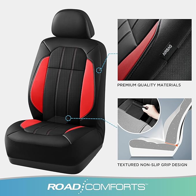 Road Comforts Car Seat Covers, Breathable Leather Seat Covers, Car Seat Covers Full Sets Airbag Compatible, Automotive Seat Covers for Most Cars, Vans, Trucks, SUV - Red