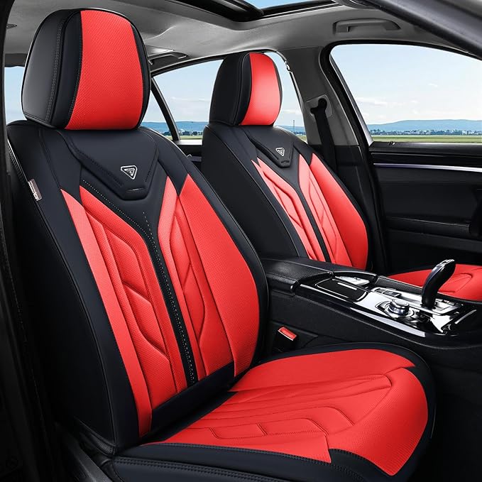 Coverado Car Seat Covers Full Set, Automotive Seat Covers Car Seat Protector Car Seat Cushion, Waterproof Leather Seat Covers for Cars, Universal Fit for Most Sedans SUV Pick-up Truck(Black&Red)