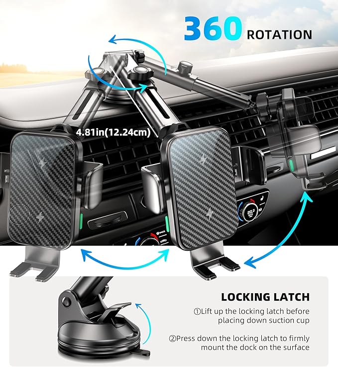 Dual Coil 15W Car Phone Holder Wireless Car Charger -Auto Clamping- Charging Phone Holders for Your Car Dash Vent Windshield, for Flip S25/S24/S23/S22, iPhone 17/16/15/14