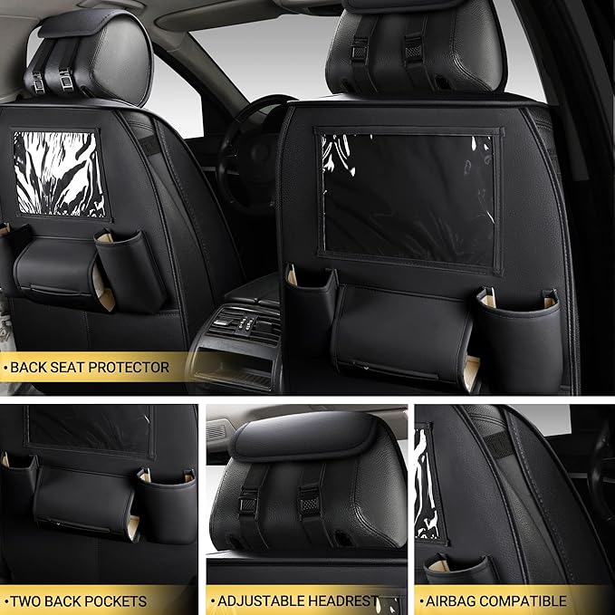 AOOG Leather Car Seat Covers with Car Backseat Organizer, Universal fit Automotive Vehicle Most Sedan SUV Pick-up Truck (Front Pair, Black&Red)