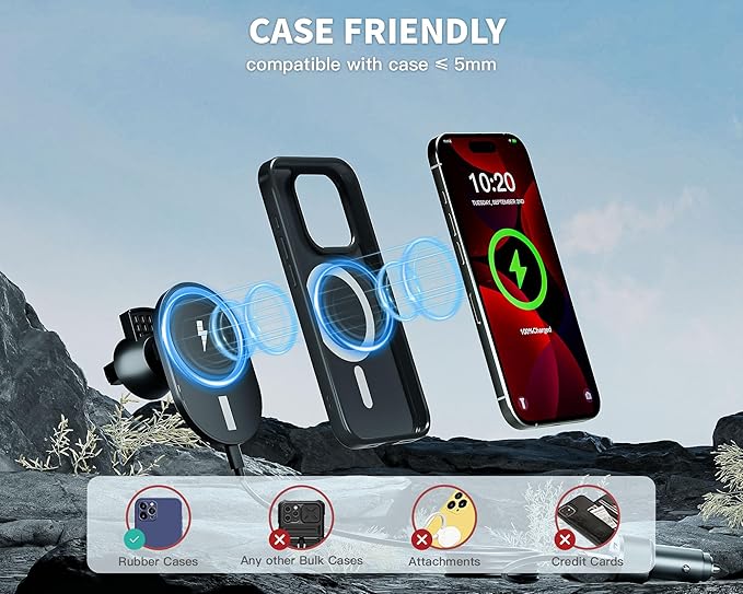 Car Phone Holder 2Pack,15W-Qi Fast Charging Cell Phone Holder for Your Car with QC3.0 Car Charger,Car Mount & Dashboard Windshield Air Vent Mount for iPhone 17/16/15/14/13/12/11 Pro Max,Samsung Galaxy