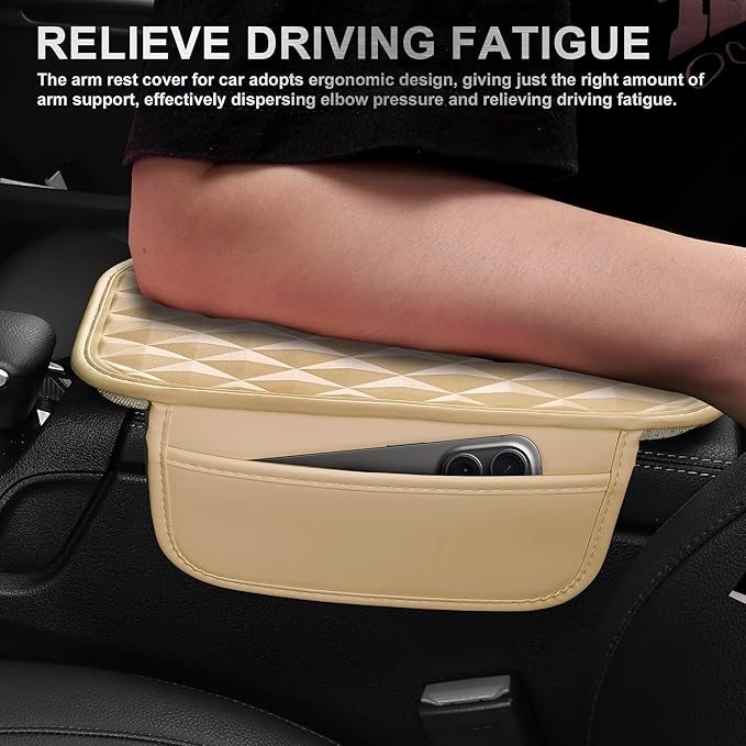 CAR PASS 3D Rhombus Leather Steering Wheel Cover Car Accessories Set, Comfortable Center Console Armrest Cushion with Storage Bags 2 Non-Slip Cup Coasters, 14.5-15in Car Interior Sets, 4 PCS All Beige