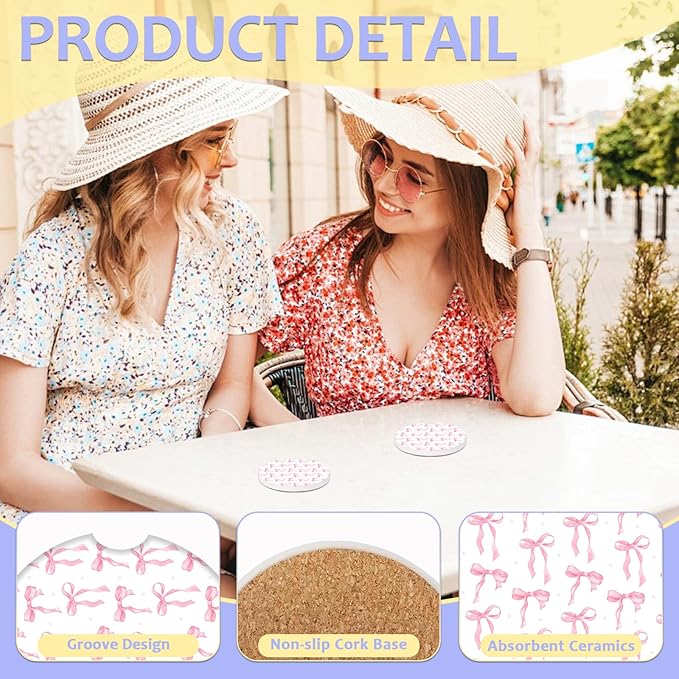 2 Pack Car Cup Holder Coaster-Pink Bow Absorbent Ceramic Coaster, Car Coasters for Cup Holders,Auto Accessories for Women & Men