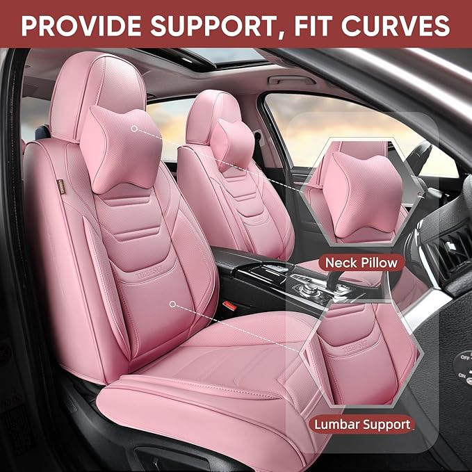 Pink Car Seat Covers Full Set, Breathable Leather Automotive Front and Rear Seat Covers with Headrest, Waterproof Auto Seat Protectors Fit for Most Sedans SUV Pick-up Truck