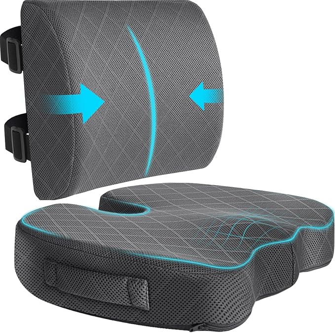 TushGuard Back&Seat Cushion, Car Seat Office Chair Cushions, Breathable Memory Foam Lumbar Back Support Pillow, Portable Airplane Seat Cushion for Travel, Computer Desk, Wheelchair, Driving (Grey)