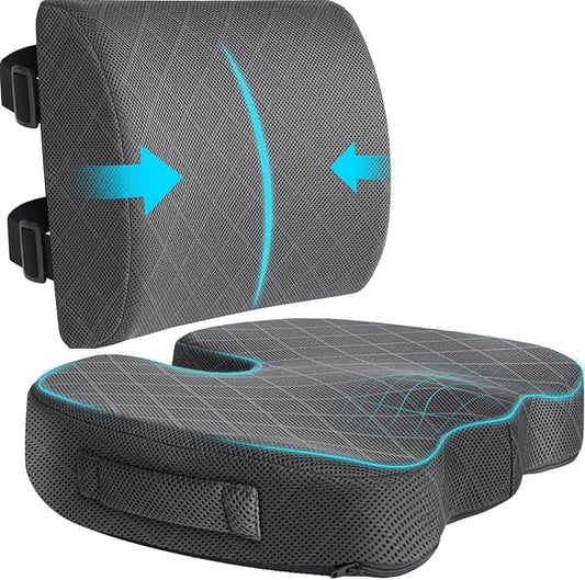 TushGuard Back&Seat Cushion, Car Seat Office Chair Cushions, Breathable Memory Foam Lumbar Back Support Pillow, Portable Airplane Seat Cushion for Travel, Computer Desk, Wheelchair, Driving (Grey)