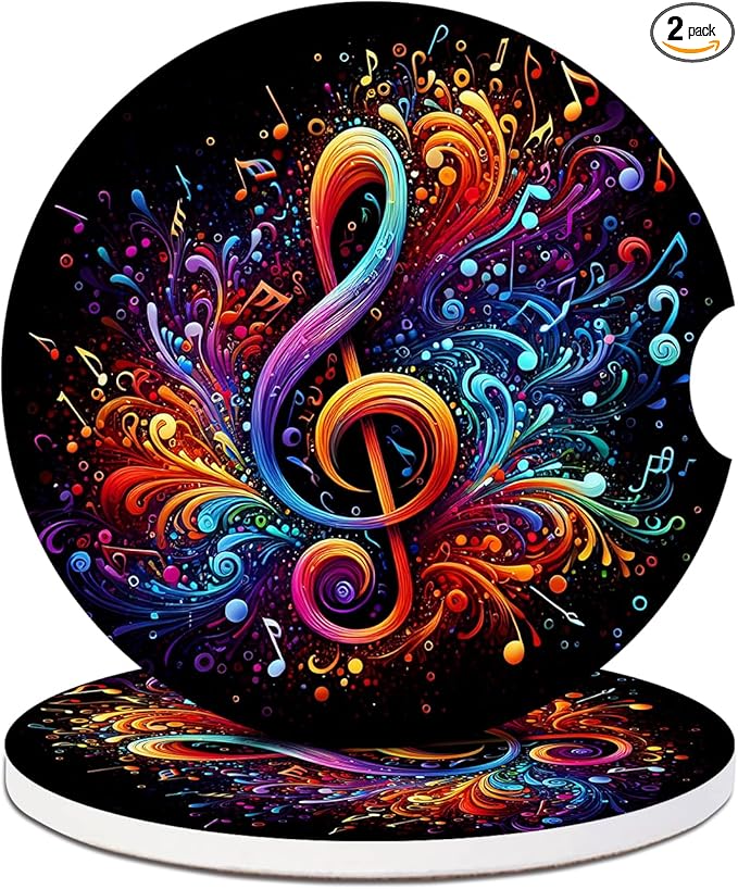 2 Pack Car Cup Holder Coaster-Colorful Music Note Absorbent Ceramic Coaster,Car Coasters for Cup Holders,Auto Accessories for Women & Men