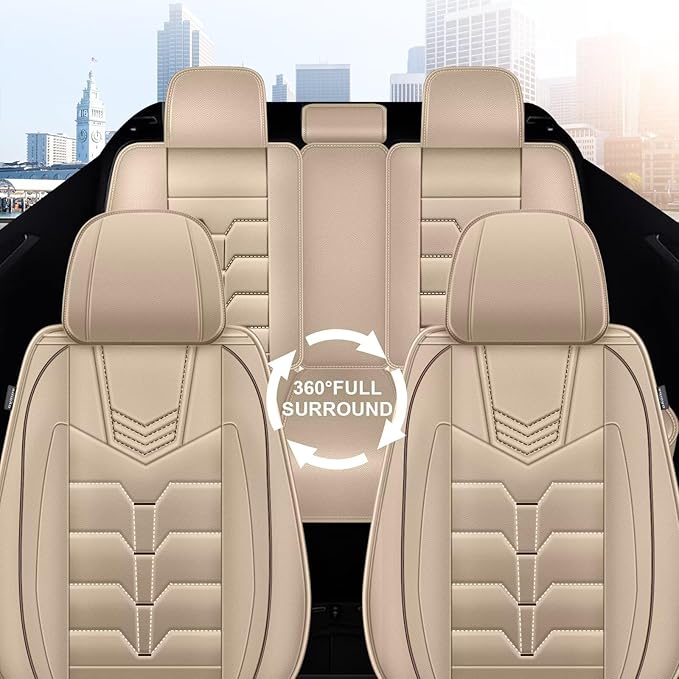 Seat Covers Fit for Chevrolet Chevy Traverse LS/LS Fleet/L 2018-2024 Full Set Car Seat Cover Faux Leather Seat Cushion Waterproof Auto Protectors(Beige)-2 Rows 5 Seats