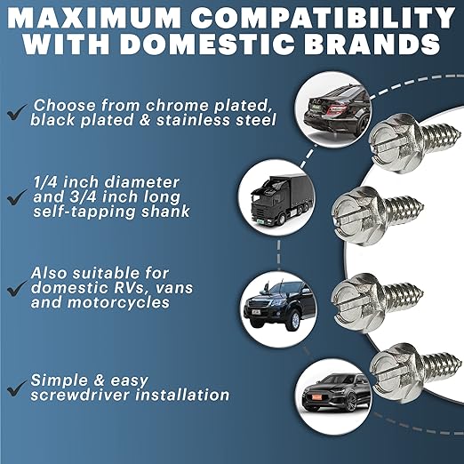 License Plate Screw Kit - Set of 4 Stainless Steel Screws for Front and Back License Plates, Frames and Covers on Domestic Cars, Trucks, SUVs - Rustproof, Self Tapping Mounting Bolts (Stainless Steel)