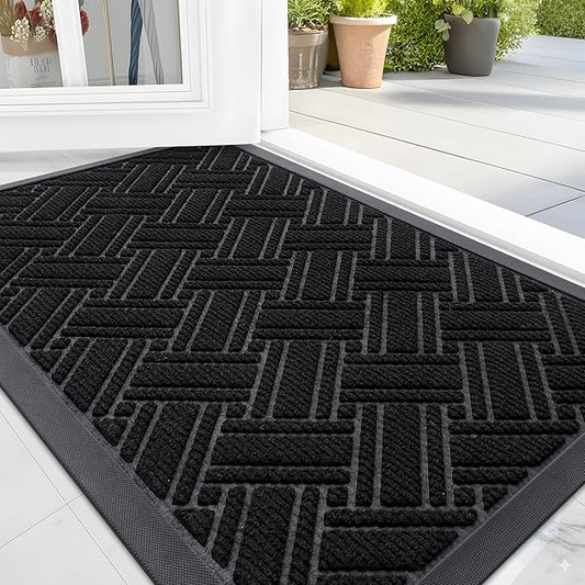 OLANLY Indoor Outdoor Mat, Sturdy Natural Rubber Floor Mat, Non Slip Low Profile Waterproof Doormat, and Stain Front Door Mats, Easy Clean Patio Entrance Mat, 30''x17'', Black