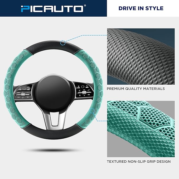 PIC AUTO Massage Steering Wheel Cover, Mint Football Pattern Material Spliced Leather Car Steering Wheel Protector, Car Interior Accessories, Universal Fit 14.5"-15.5" for Cars, Trucks, Van, SUV