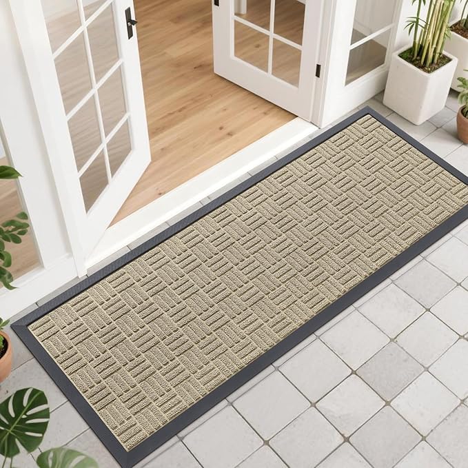 OLANLY Front Door Mat Outside Entrance 47x17, Absorbent, Heavy Duty Sturdy Natural Rubber Doormat Indoor Outdoor, Stain and Fade Resistant, Non-Slip Backing Low Profile Floor Mat for Entryway, Beige