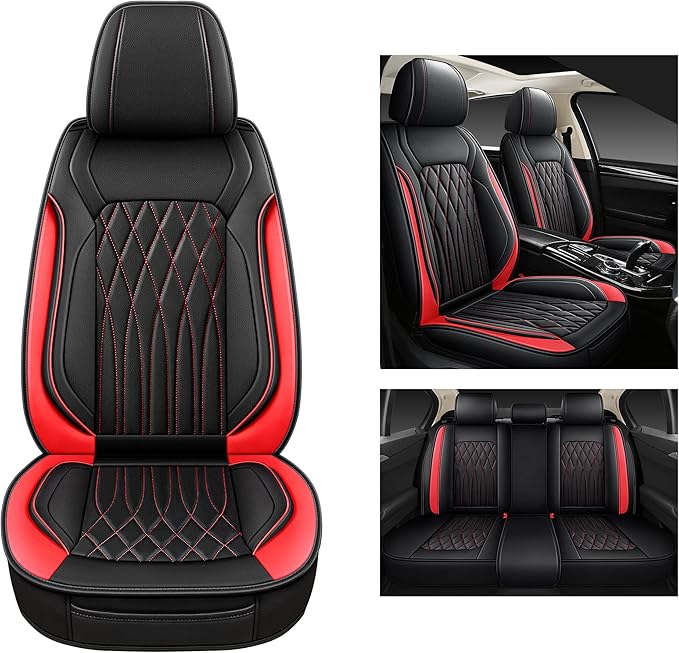 Pariitadin Leather Car Seat Covers Full Pair, Waterproof Faux Leather Seat Covers for Cars, Non-Slip Car Interior Covers Universal Fit for Most Cars Sedans Trucks SUVs, Black/Red Line