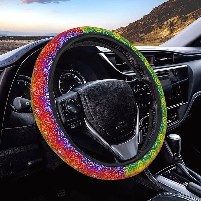 Rainbow Style Mandala Steering Wheel Covers Anti-Slip Elasticity Car Accessories Steering Wheel Protector Universal 15 Inch for Cars SUV Vehicle Truck