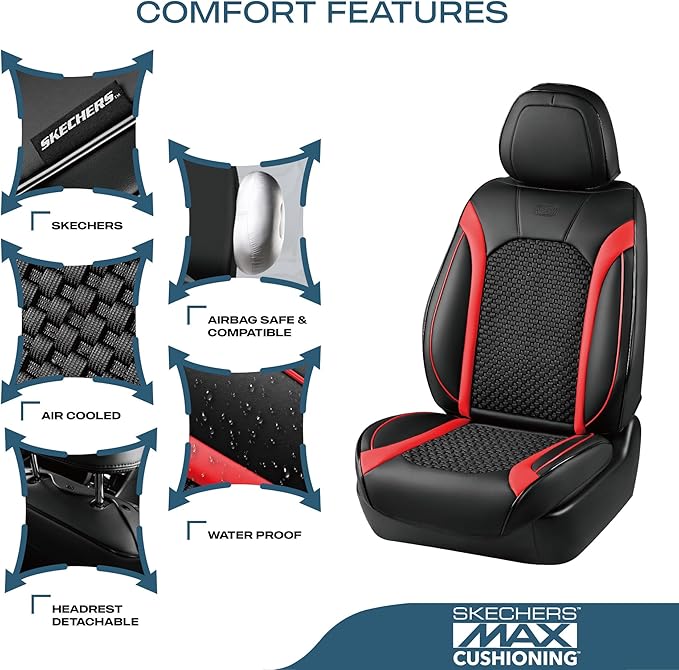 Skechers MAX Cushioning Car Seat Covers,Memory Foam Leather Seat Covers, Air Cooled Car Seat Cover Front Seats,Car Seat Cushion Airbag Universal Fit for Most Cars,Vans,Trucks,SUV,Red