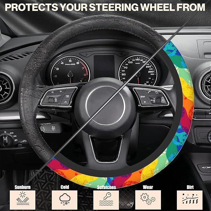 Rainbow Peace Signs Car Steering Wheel Cover, Non-Slip Absorbing Sweat Car Wheel Cover Accessories for Men Women,Universal 15" Fit Auto SUV Vans Trucks