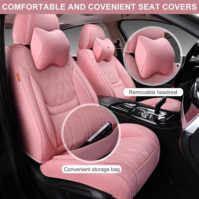 Pink Car Seat Covers Full Set, Breathable Leather Automotive Front and Rear Seat Covers & Headrest, Universal Automotive Vehicle Seat Cover for Most Sedan SUV Pick-up Trucks