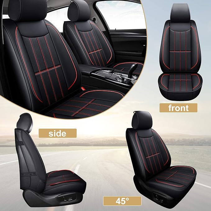 AOOG Leather Car Seat Covers, Leatherette Automotive Vehicle Cushion Cover for Cars SUV Pick-up Truck, Universal Non-Slip Vehicle Cushion Cover Waterproof, Full Set