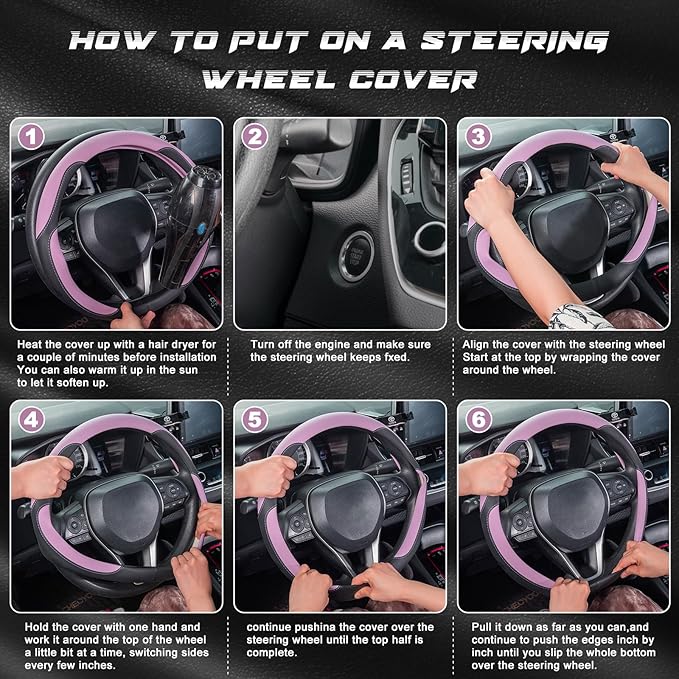 SEG Direct Car Steering Wheel Cover for Women Men, Standard Size 14.5-15 inch (37-39 cm), Auto Interior Accessories, Black and Radiant Orchid